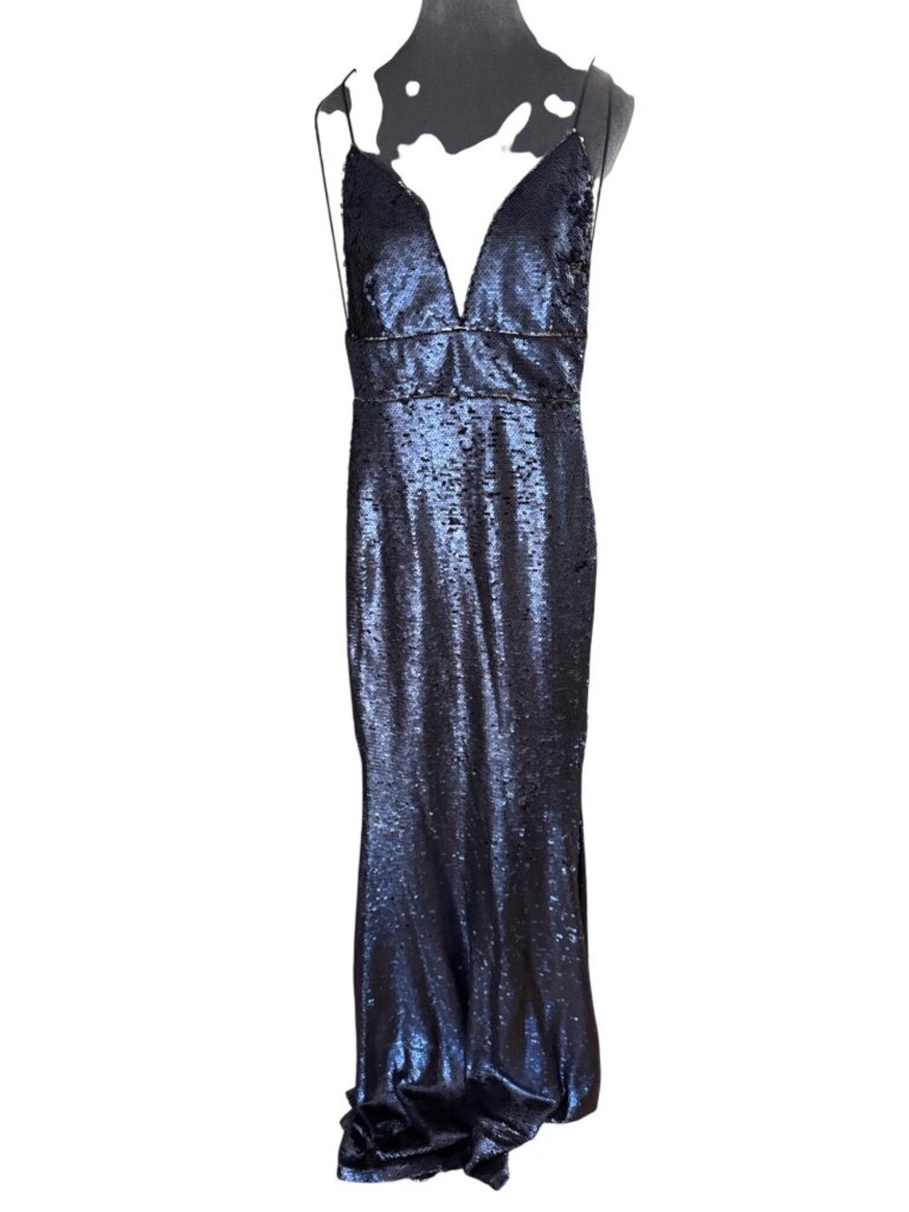 Club L Navy Sequin Maxi Dress With Plunging Neckline & Spaghetti Straps Size 10